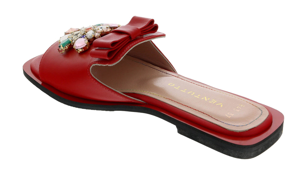 Ventutto Red Crystal Embellished Bow Flat Leather Slide-
