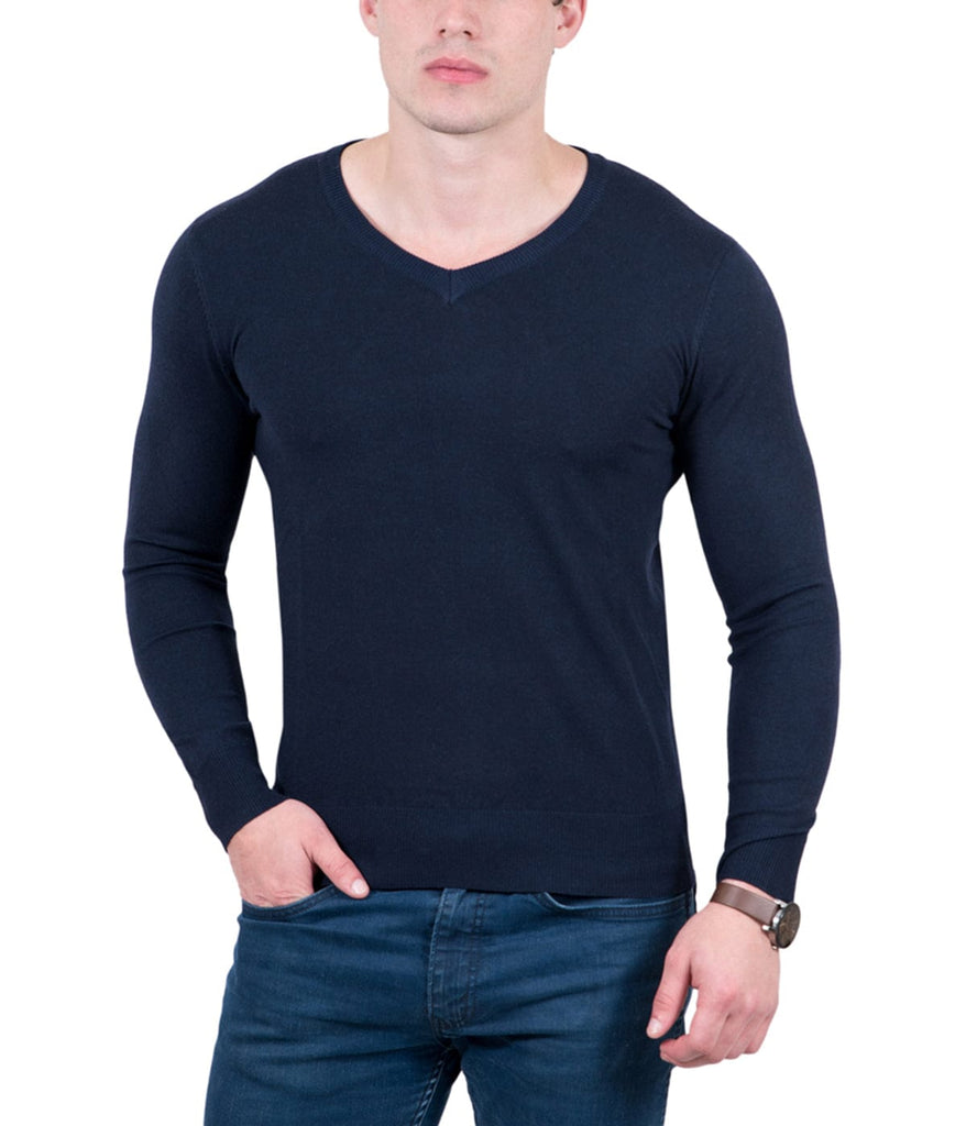 Real Cashmere Dark Blue V-Neck Fine Cashmere Blend Mens Sweater