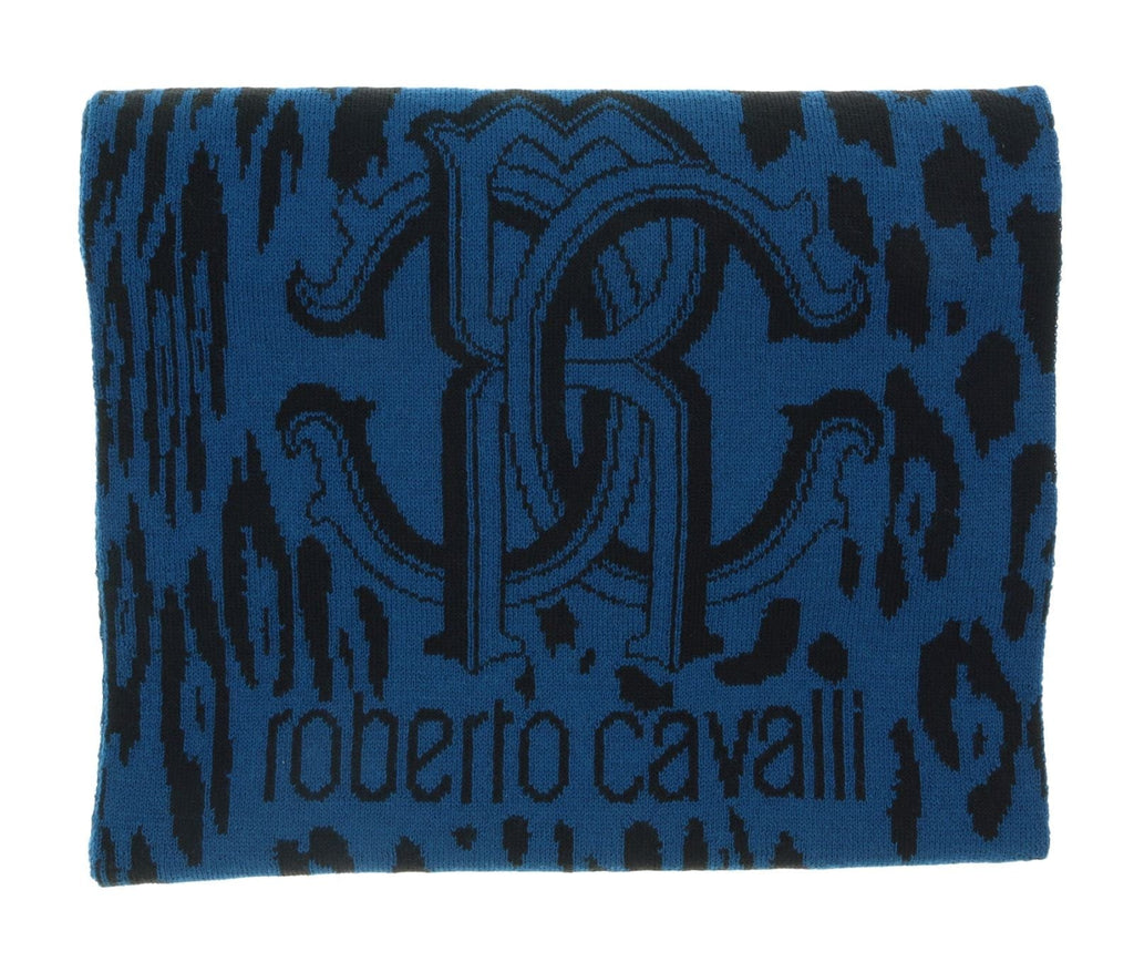 Roberto Cavalli ESZ025 D0174 Blue Marine/ Black Wool Blend Leopard Print Mens Scarf