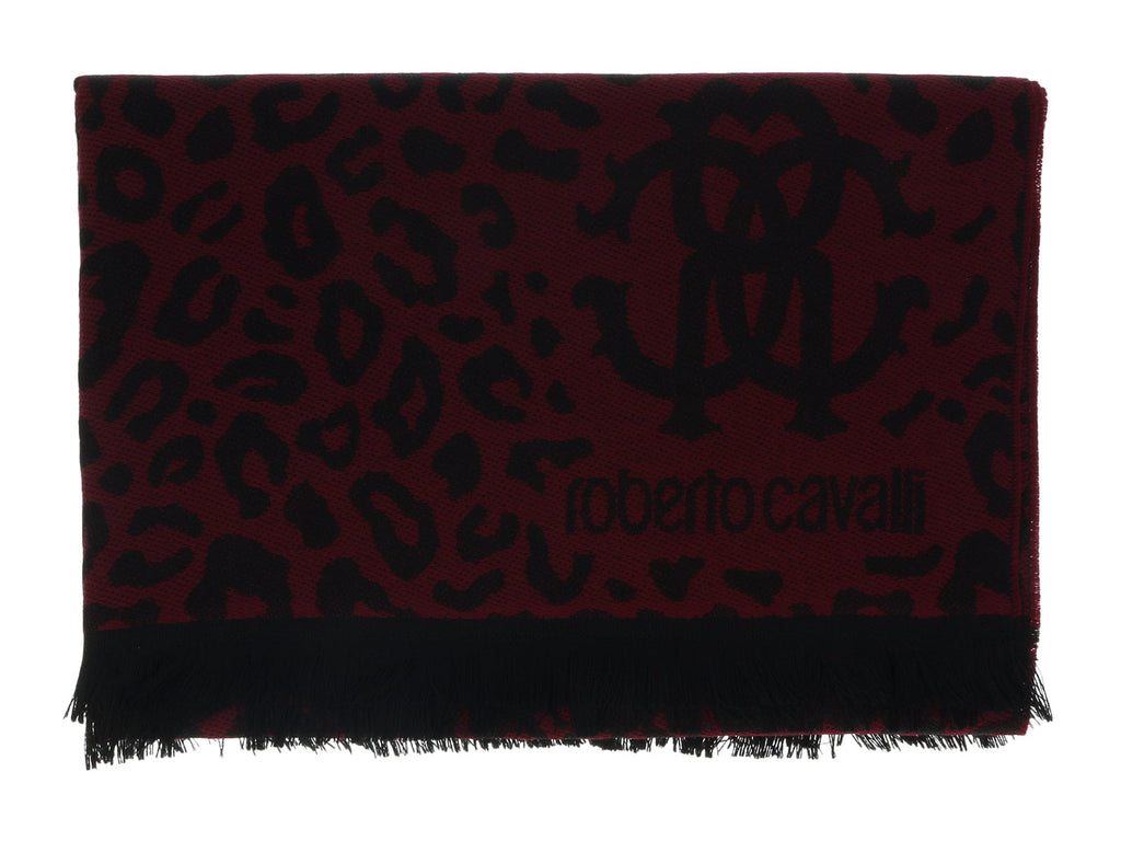 Roberto Cavalli ESZ029 02000 Burgundy Wool Blend Leopard Print Mens Scarf