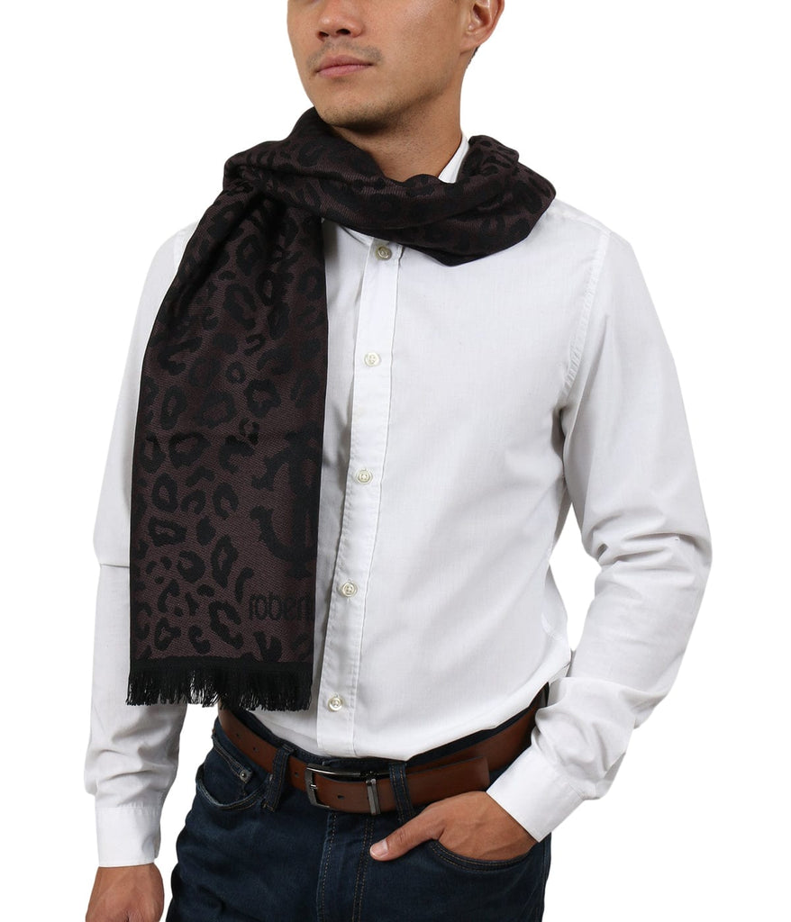 Roberto Cavalli  Dark Brown Wool Blend Leopard Print Mens Scarf