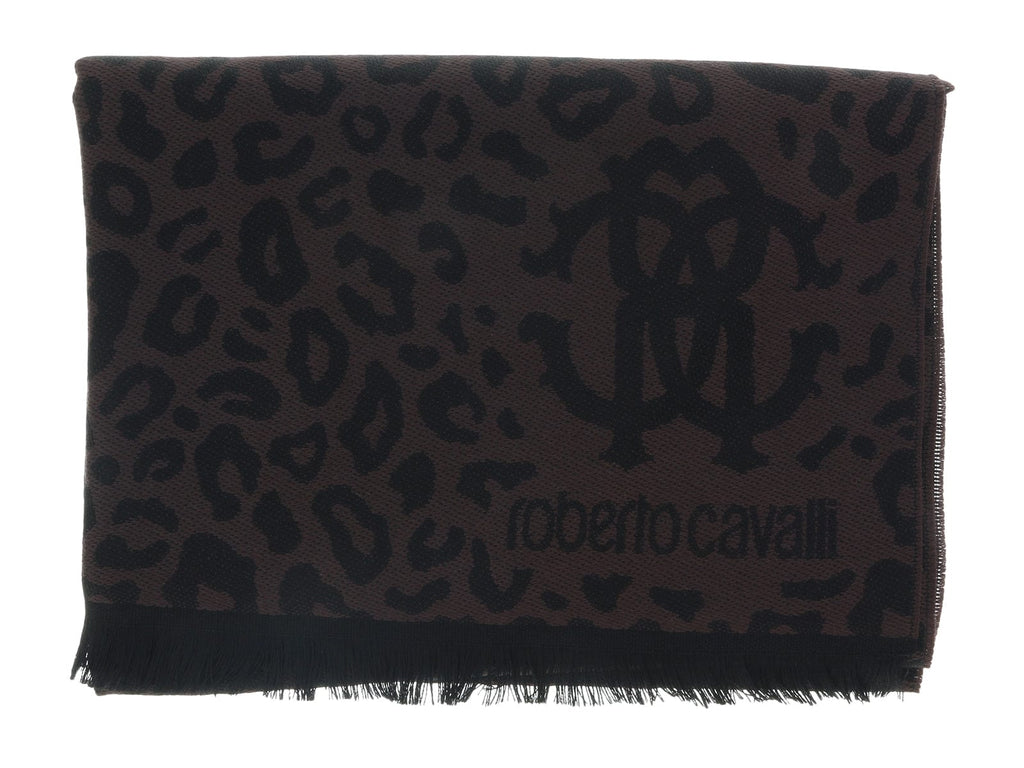 Roberto Cavalli ESZ029 03503 Dark Brown Wool Blend Leopard Print Mens Scarf
