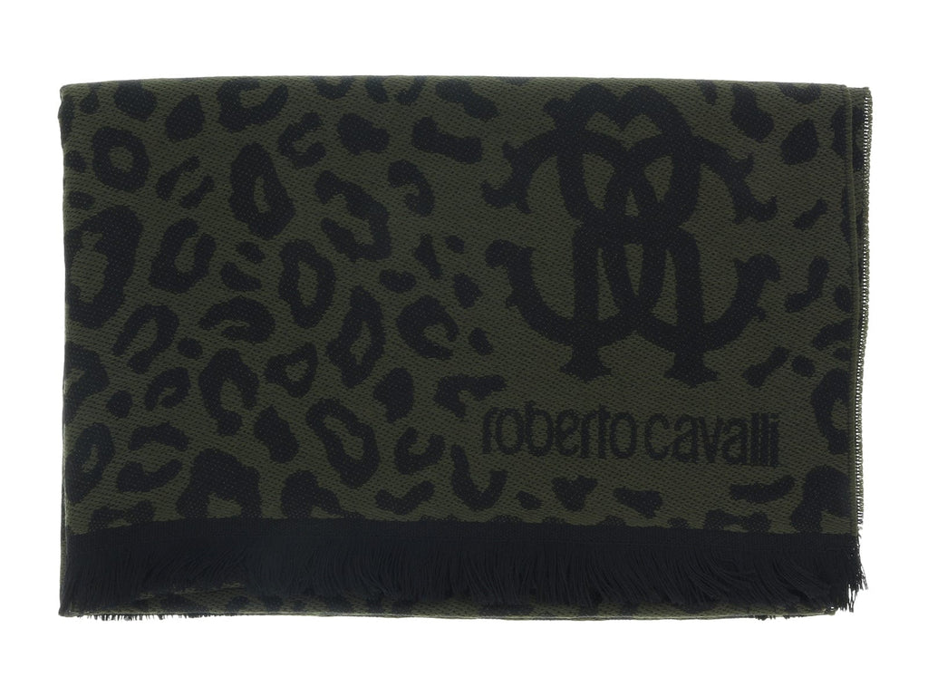 Roberto Cavalli ESZ029 04000 Military Green Wool Blend Leopard Print Mens Scarf