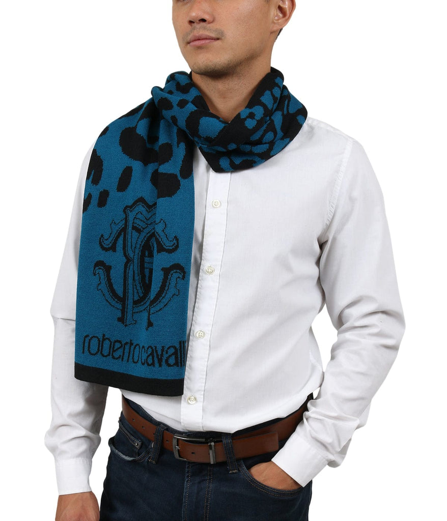 Roberto Cavalli  Teal Blue/ Black Wool Blend Leopard Print Mens Scarf