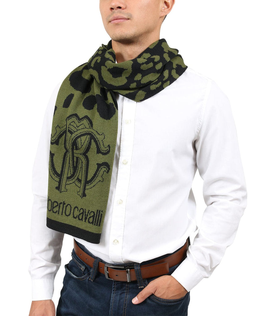Roberto Cavalli  Green Wool Blend Leopard Print Mens Scarf