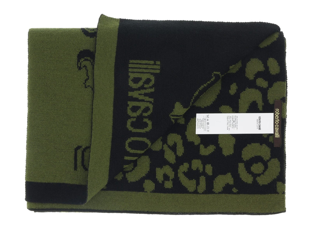 Roberto Cavalli ESZ030 04000 Green Wool Blend Leopard Print Mens Scarf