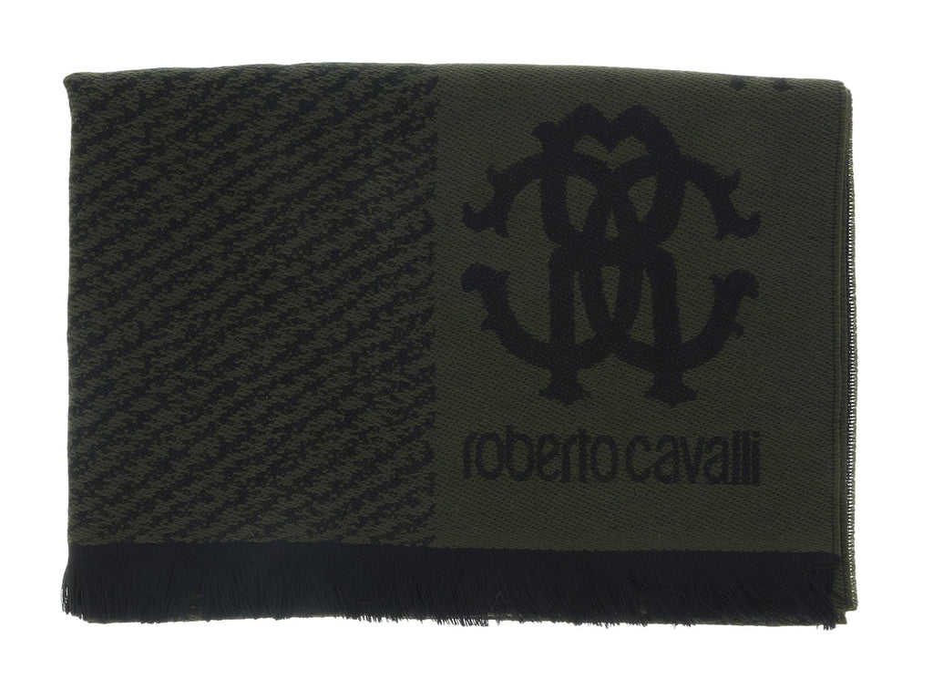 Roberto Cavalli ESZ032 04000 Green Wool Blend Logo Mens Scarf
