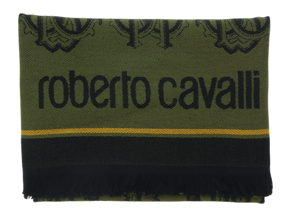 Roberto Cavalli ESZ053 04000 Green Wool Blend Logo Mens Scarf