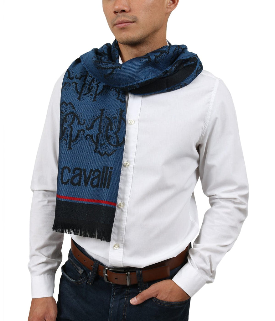Roberto Cavalli  Blue Wool Blend Logo Mens Scarf