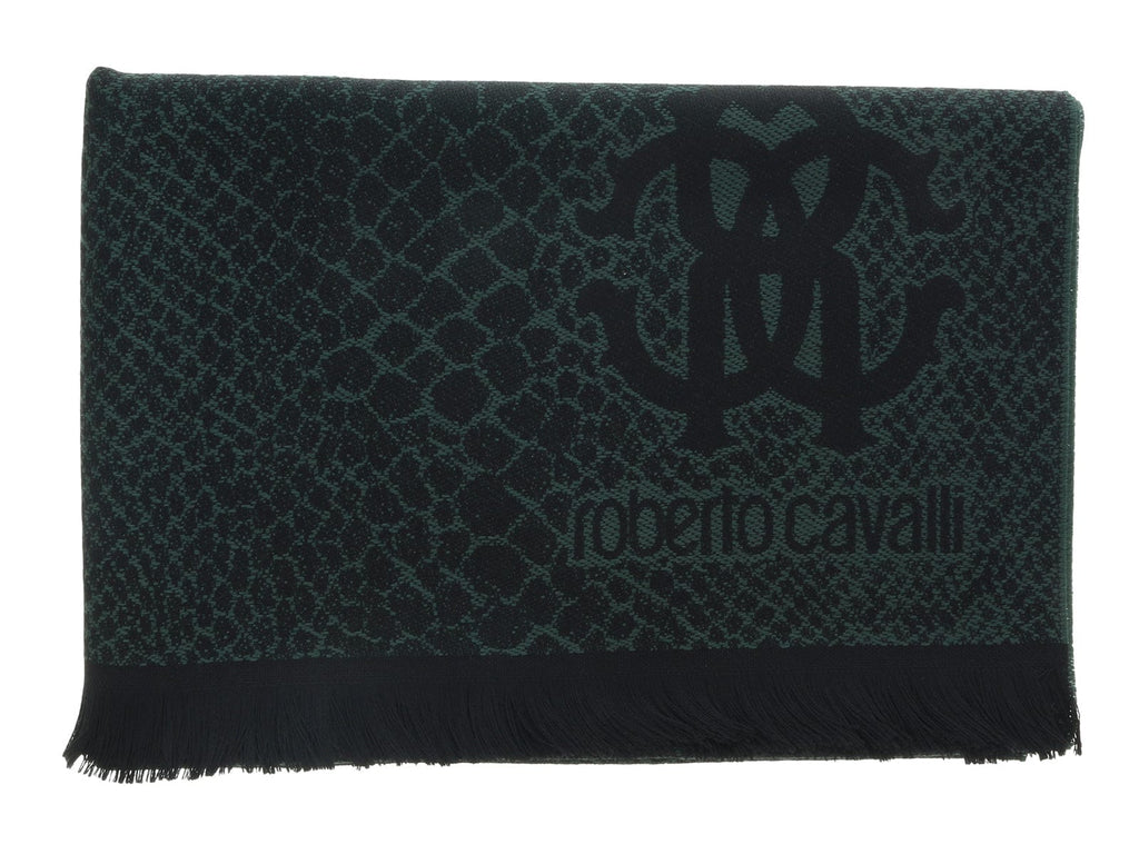 Roberto Cavalli ESZ054 04000 Green Wool Blend Cheetah Print Mens Scarf