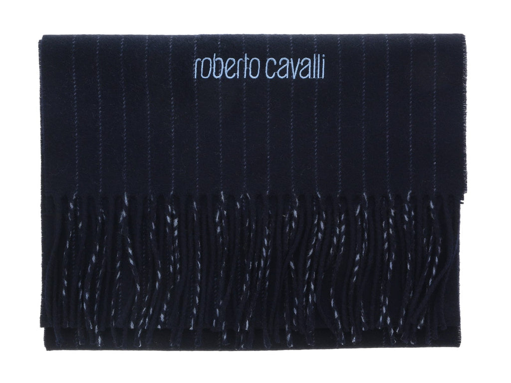Roberto Cavalli ESZ066 04500 Navy Blue Pure Wool Brushed Pinstripe Mens Scarf