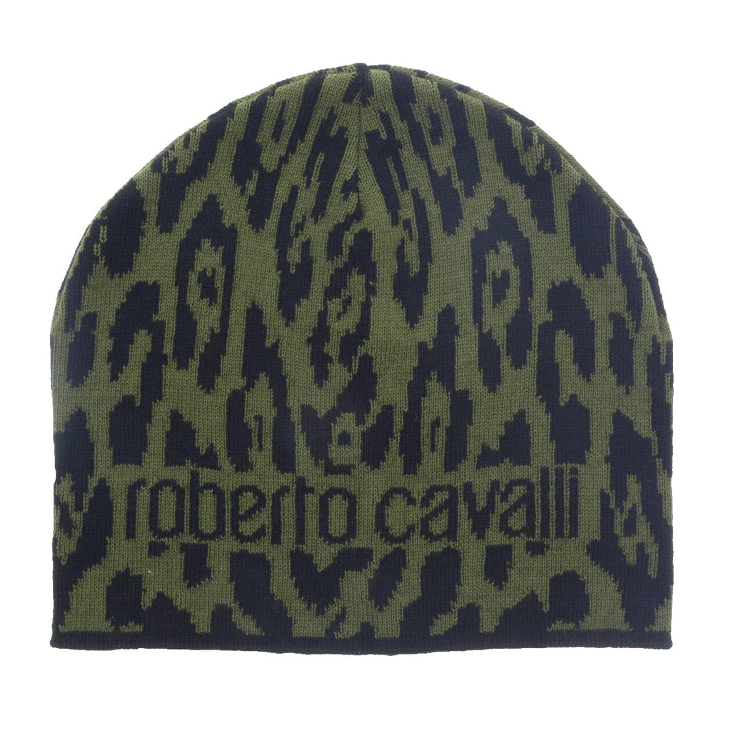 Roberto Cavalli   Black/Military Green Jaguar Beanie Hat