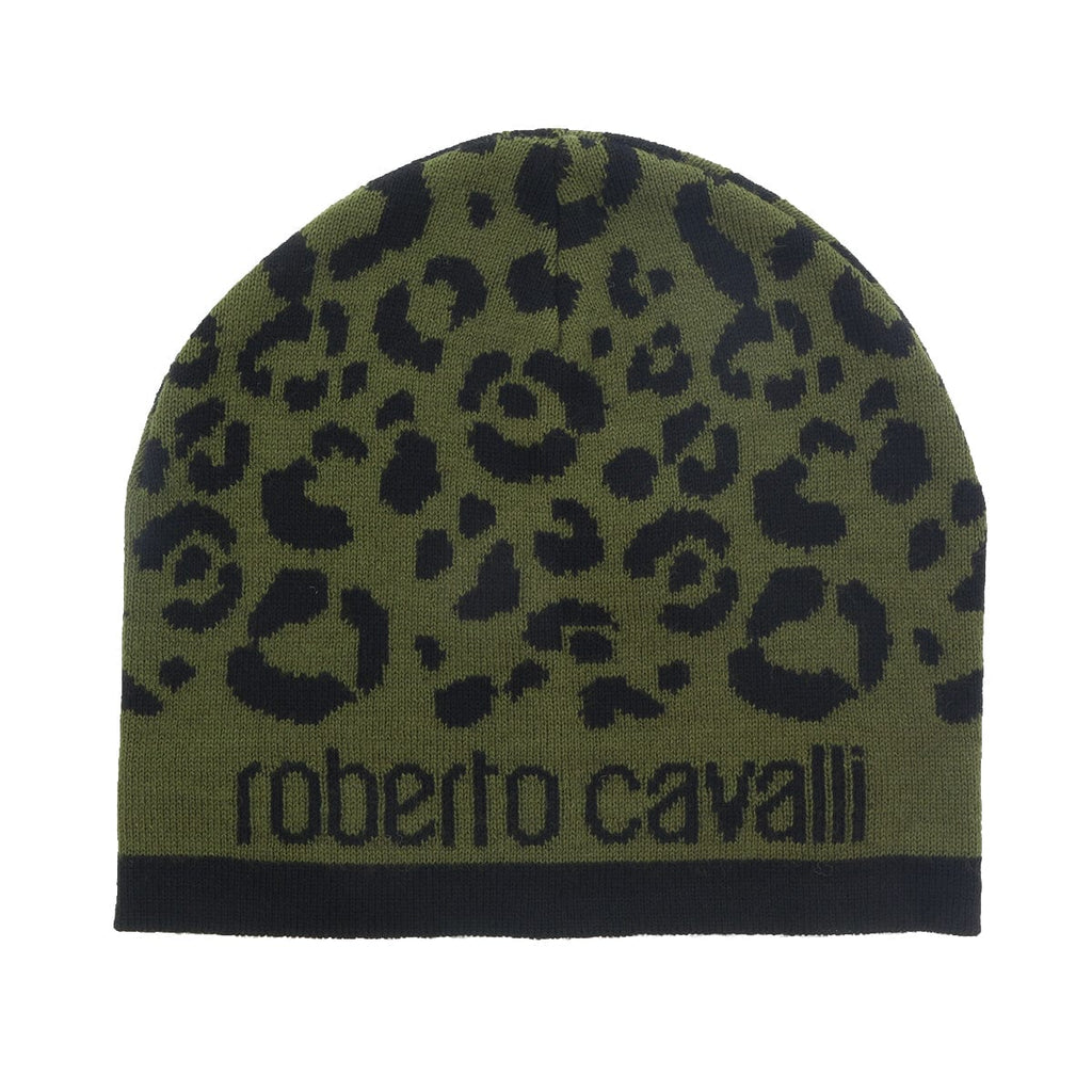 Roberto Cavalli   Black/Military Green Leopard Beanie Hat