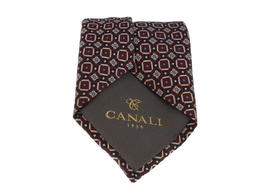 Canali Burgundy-Black Pure Silk Floral Grid Pattern Tie- Blade Width 3in