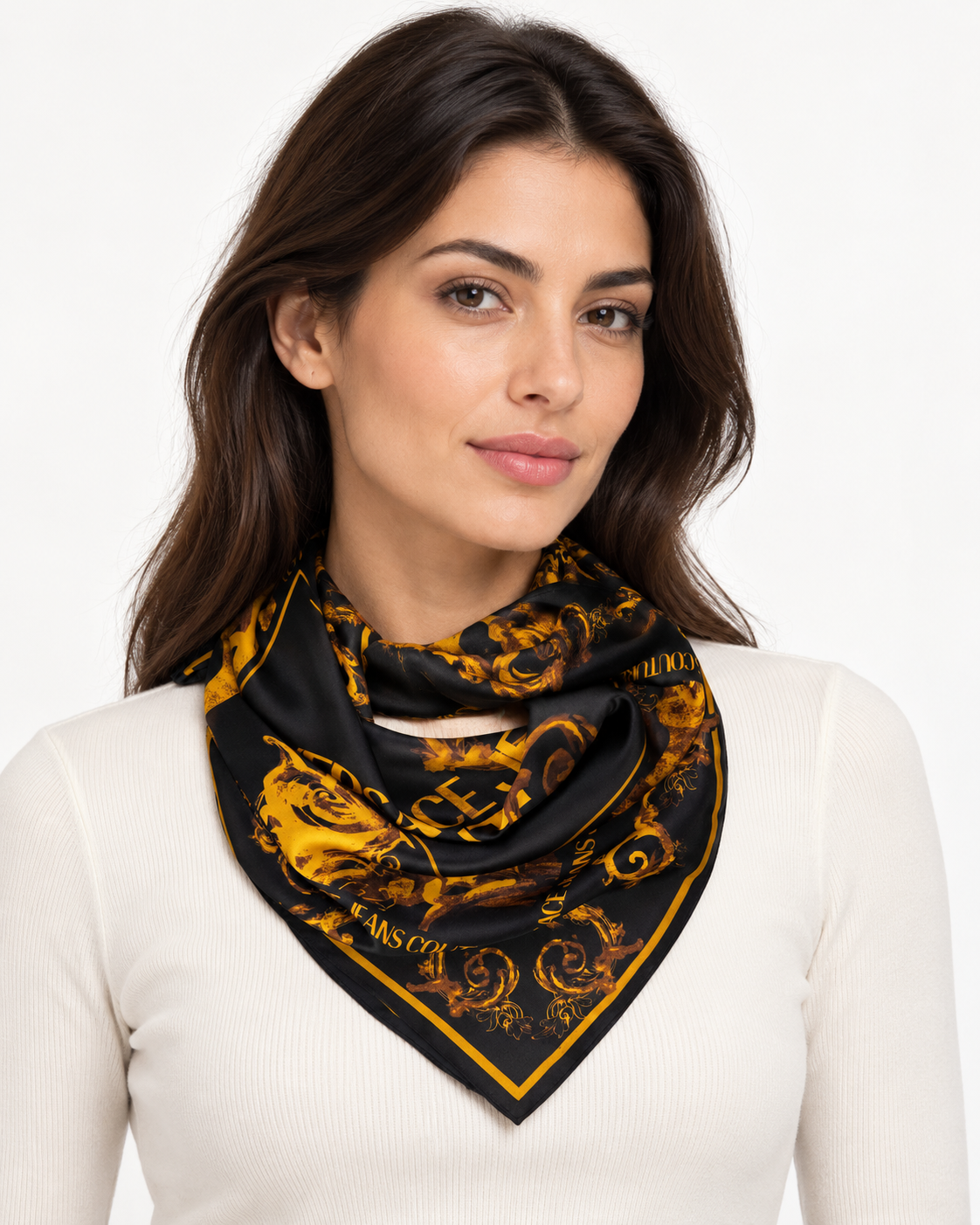 Versace Jeans Couture Baroque Print Silk Scarf – Iconic Gold-on-Black Elegance